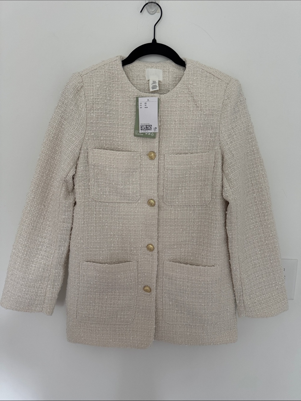 H&M NWT Matching Cream Tweed Button-Front Coatigan Jacket and Skirt - XS and SZ4